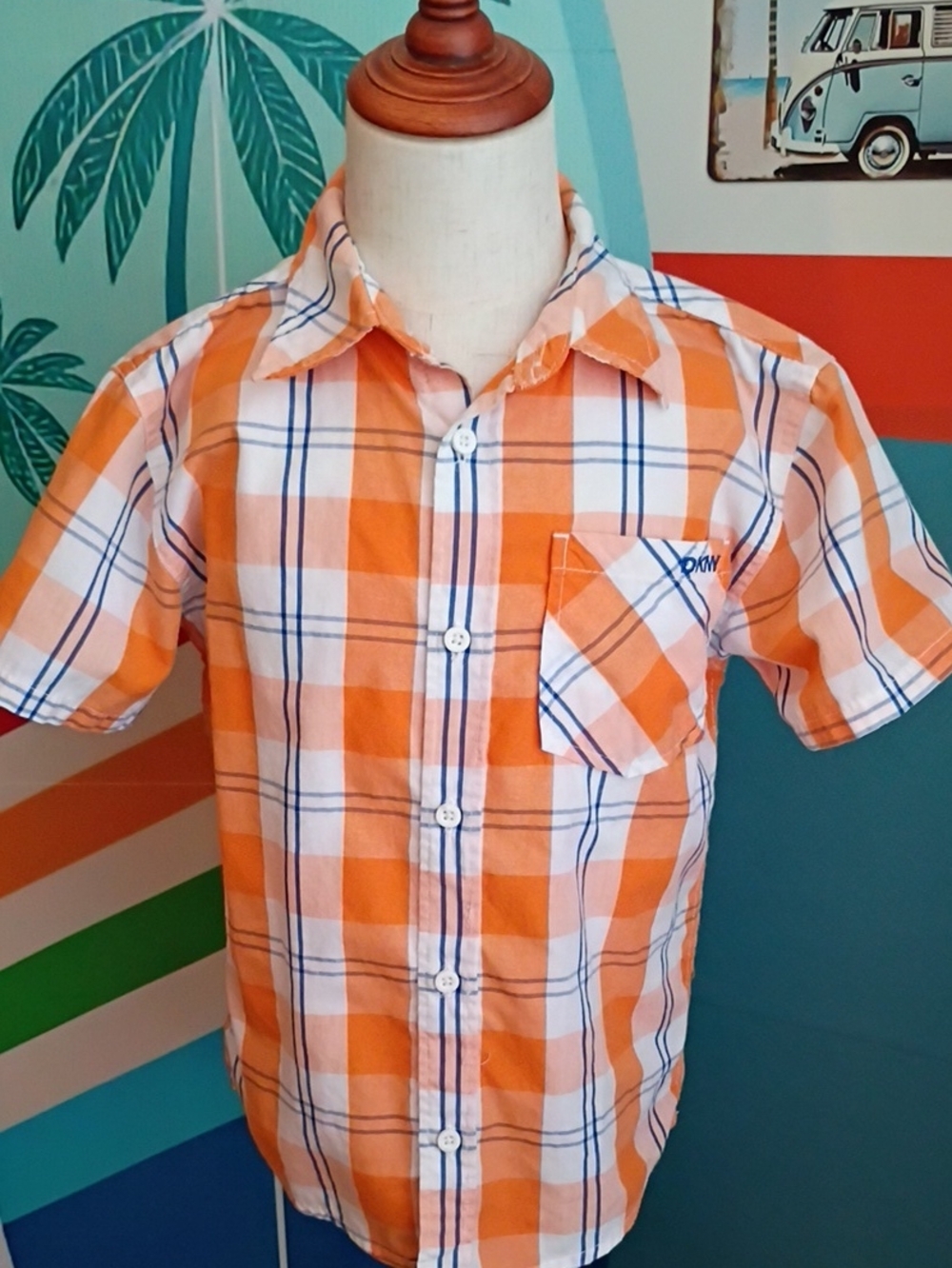 DKNY Orange and White Plaid Short-Sleeve Button-Down Shirt for Kids Sz. 5T